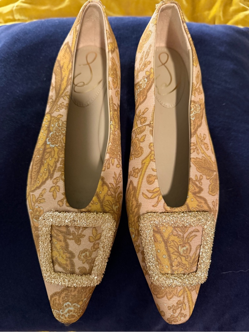 Sam Edelman Pink and Gold Brocade Pointed Toe Flats